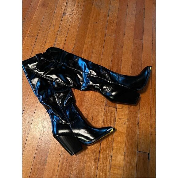 Forever 21 Huntington Black Faux Leather Western Boots Silver Tipped NWT Size 6 - Picture 7 of 7